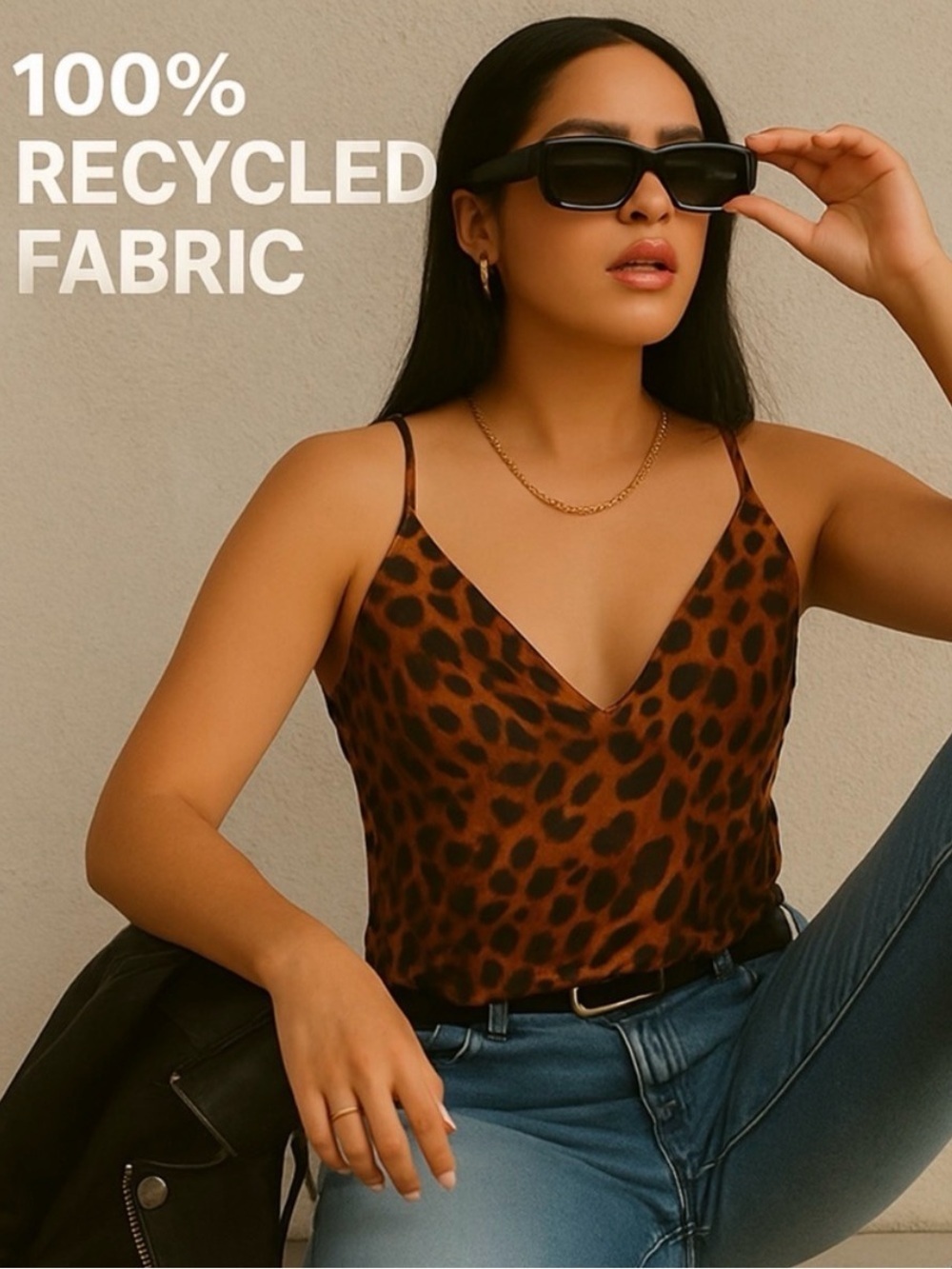 A New Day Brown Leopard Print V-Neck Cami Top Size Medium 100% Recycled Fabric
